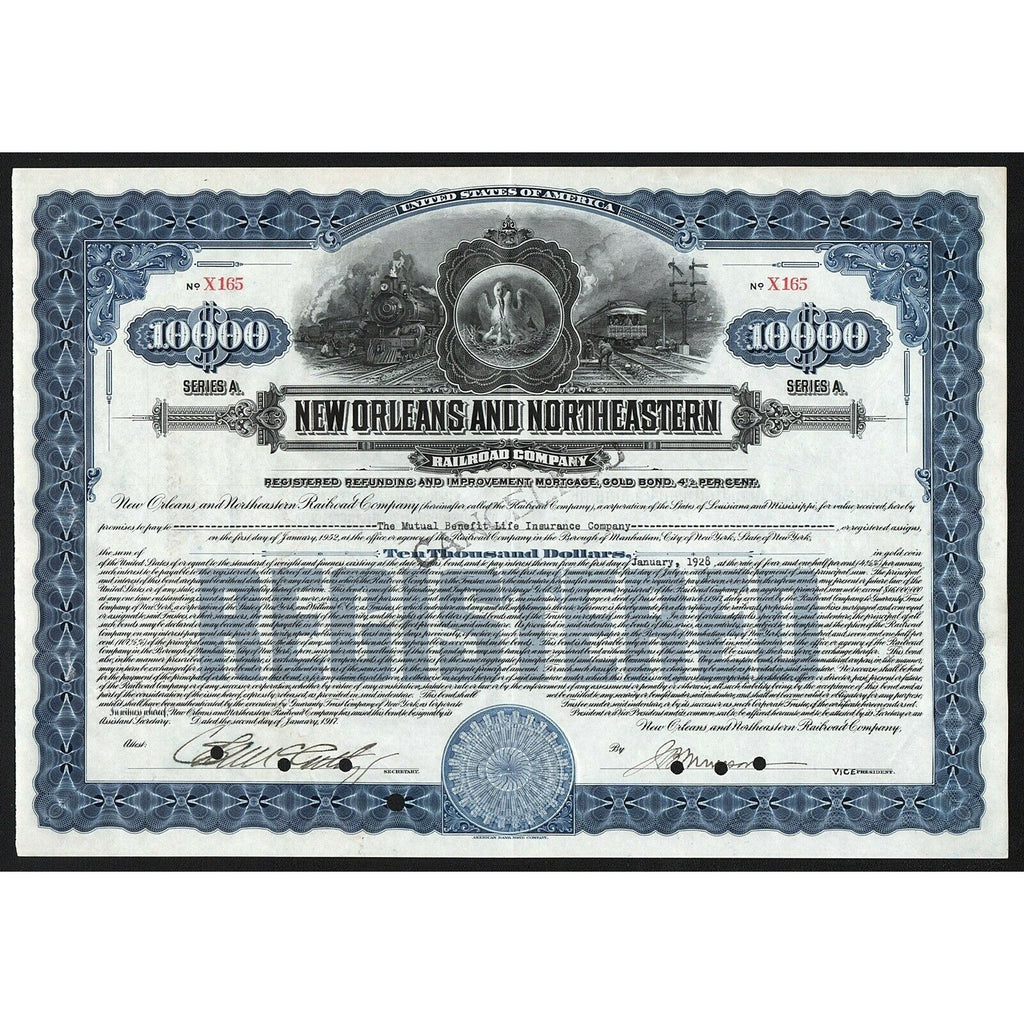 New Orleans and Northeastern Railroad Company Louisiana Gold Bond Certificate