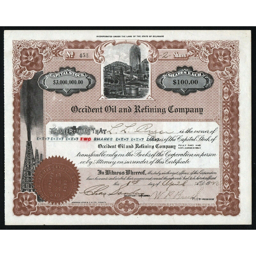 Occident Oil and Refining Company 1920 Stock Certificate