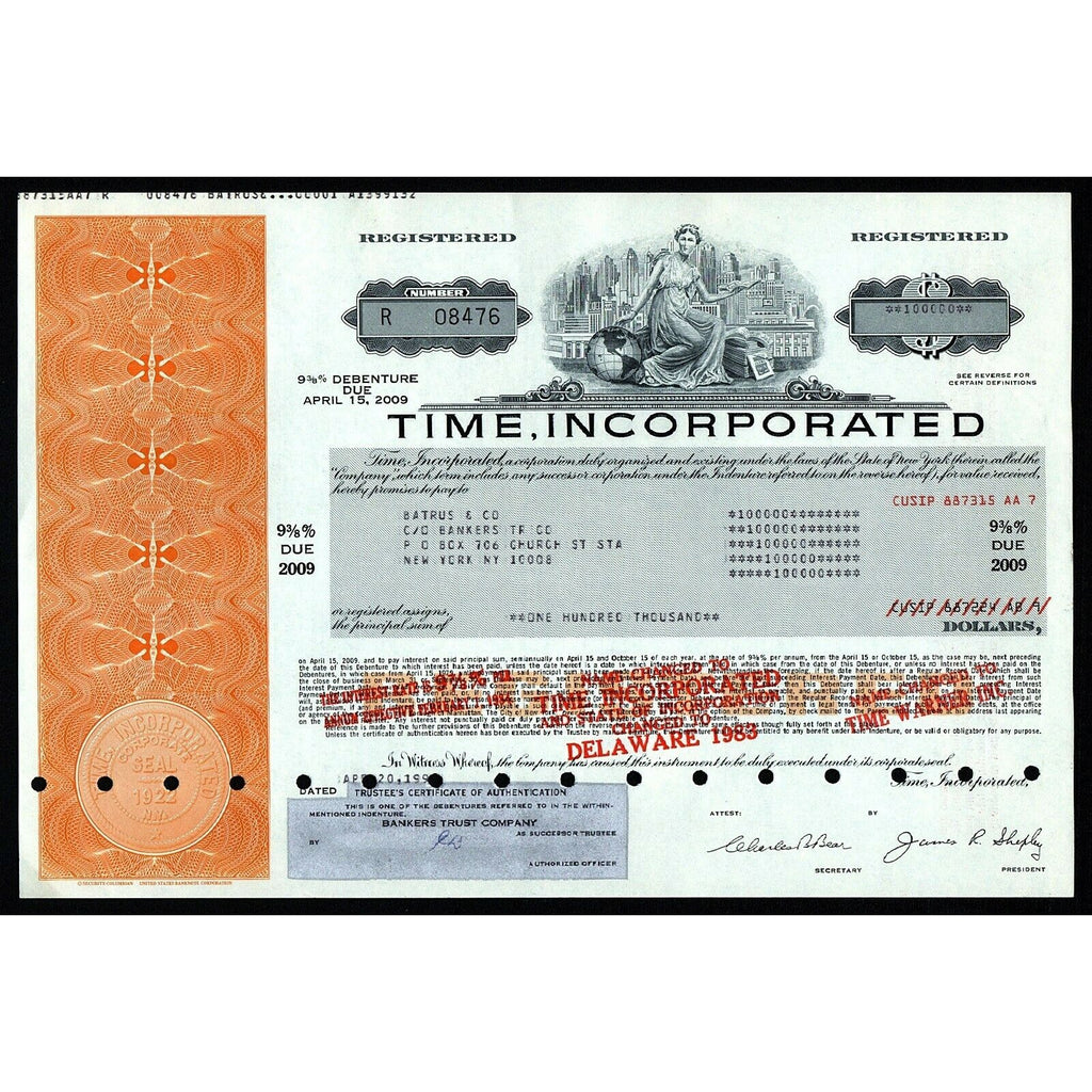 Time, Incorporated New York Stock Certificate Publisher