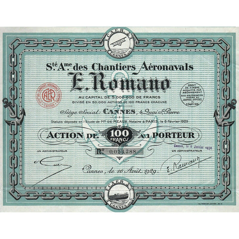 Chantiers Aeronavals E. Romano 1929 France Aviation Stock Certificate