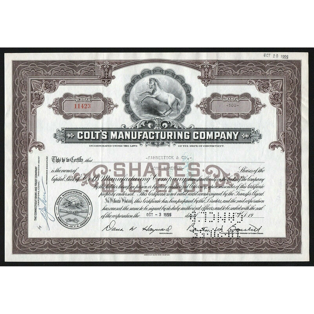 Colt's Manufacturing Company Pistols & Firearms 1955 Stock Certificate