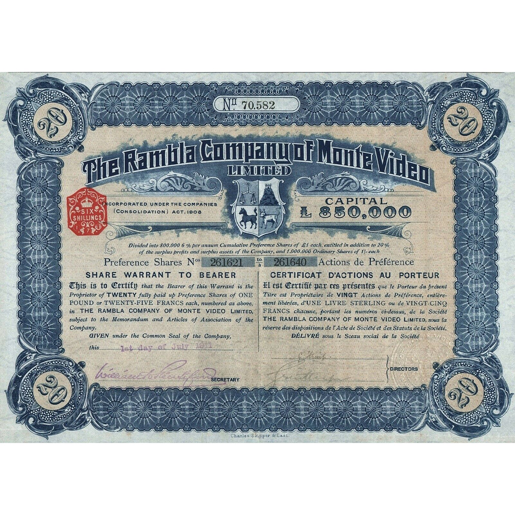 The Rambla Company of Monte Video 1911 Uruguay Stock Certificate