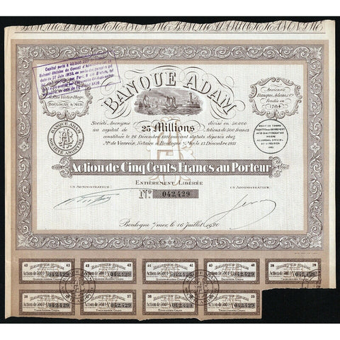 Banque Adam Societe Anonyme 1930 France Stock Certificate