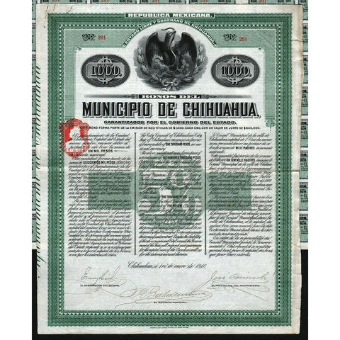 Bonos del Municipio de Chihuahua 1910 Mexico Bond Certificate