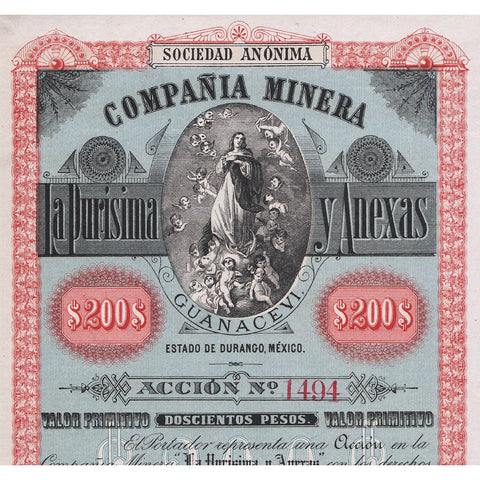Compania Minera La Purisima y Anexas 1895 Mexico Stock Certificate