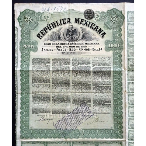 Republica Mexicana: External Gold Bond Mexico 1910 Bond Certificate