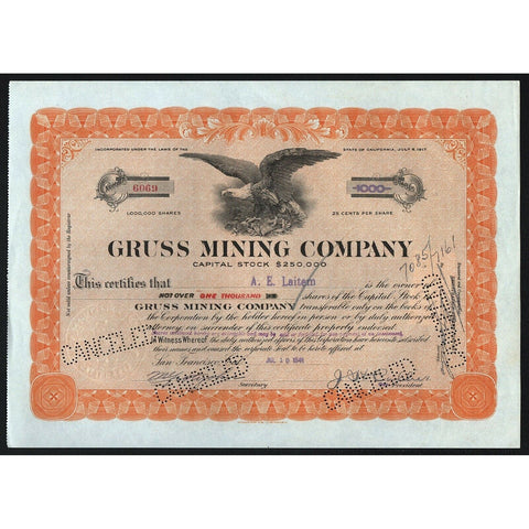 Gruss Mining Company 1941 California Stock Certificate