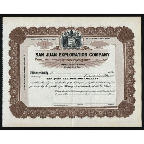 San Juan Exploration Company New Jersey Stock Certificate