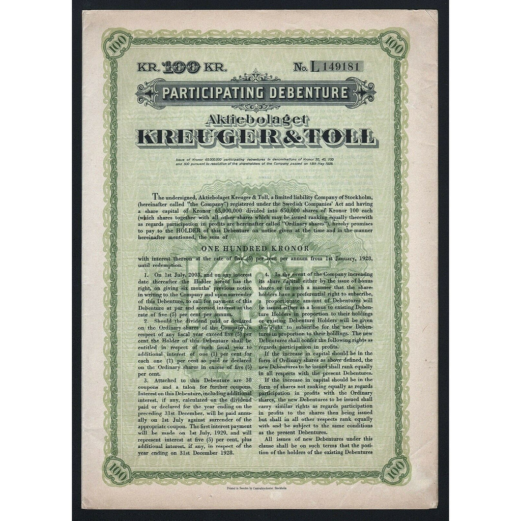 Aktiebolaget Kreuger & Toll 1928 Stockholm Sweden Bond Certificate Debenture