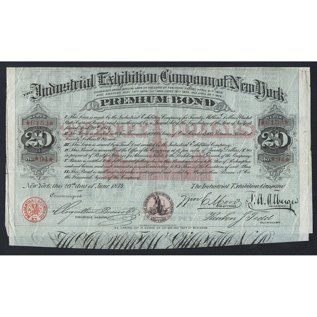 The Industrial Exhibition Company of New York 1874 Premium Bond Certificate