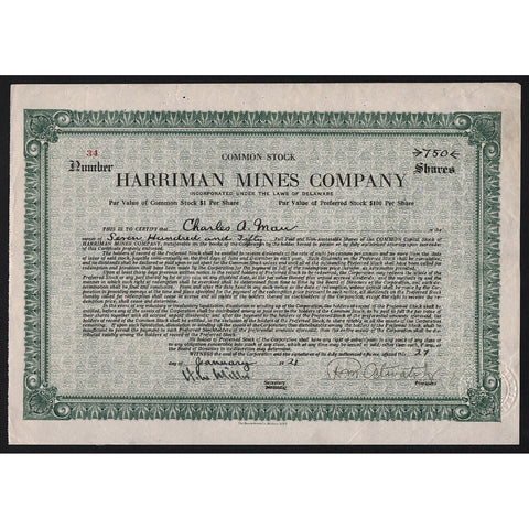 Harriman Mines Company Stock Certifiate