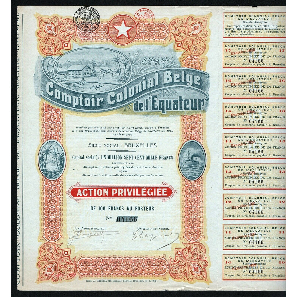 Comptoir Colonial Belge de l'Equateur 1920 Africa Stock Certificate