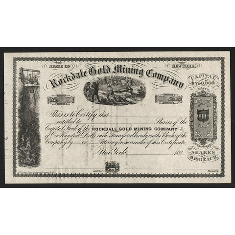 Rockdale Gold Mining Company 1860s New York Stock Certificate