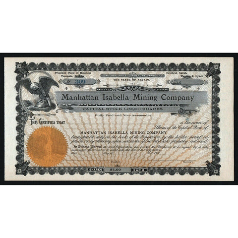 Manhattan Isabella Mining Company Nevada Stock Certificate