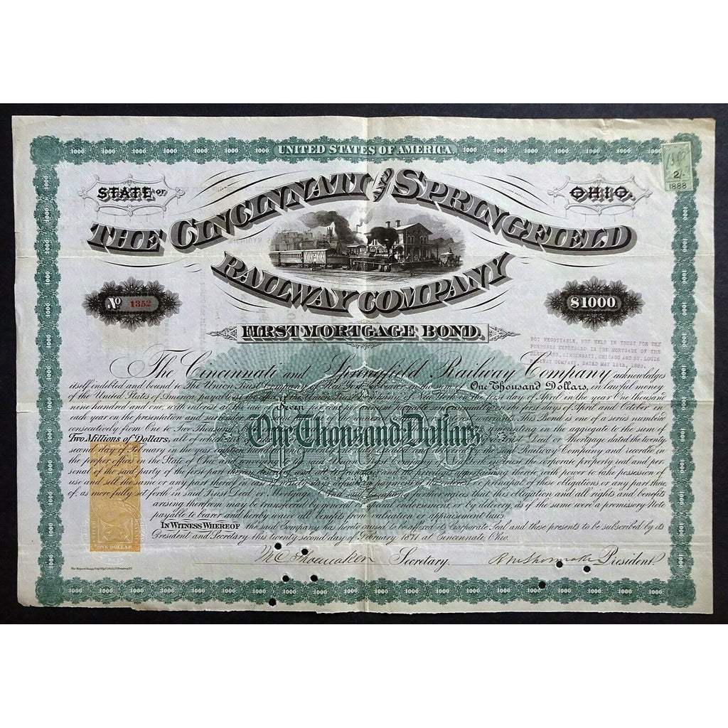 The Cincinnati and Springfield Railway Company Ohio 1871 Bond Certificate