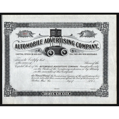 Automobile Advertising Company Stock Certificate