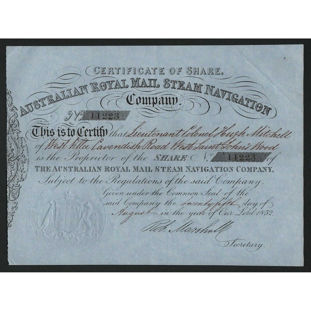 Australian Royal Mail Steam Navigation Company 1852 Australia Stock Certificate