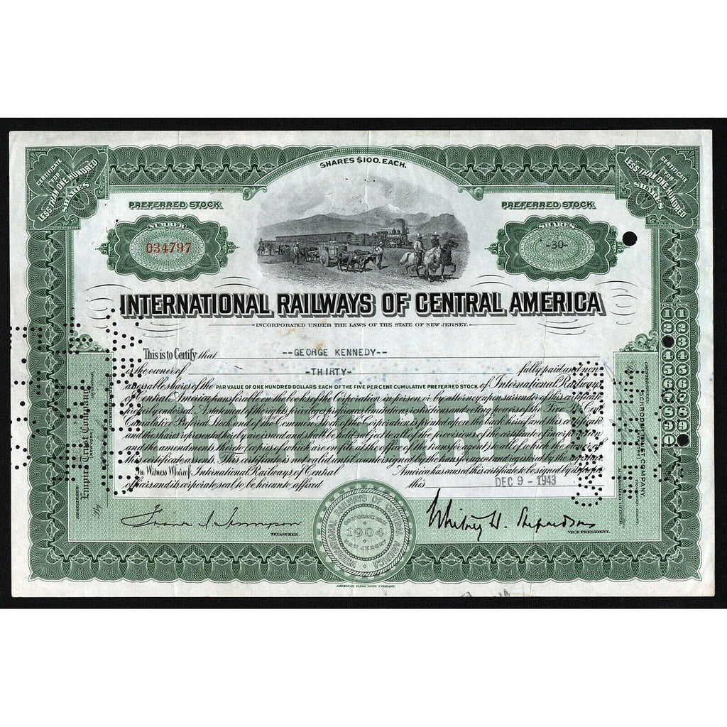 International Railways of Central America 1943 New Jersey Stock Certificate