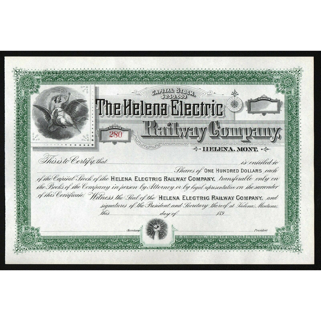The Helena Electric Railway Company Montana Stock Certificate