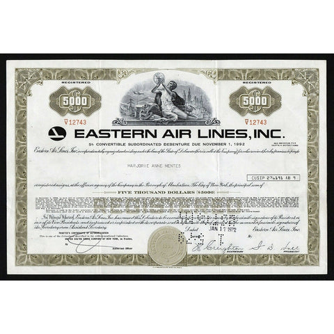 Eastern Air Lines, Inc. Airline $5000 Debenture Bond Certificate
