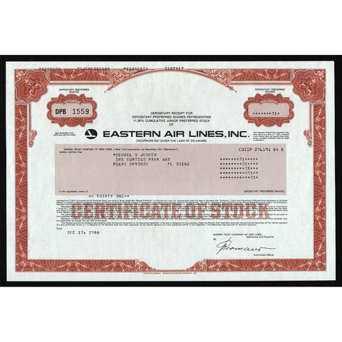Eastern Air Lines, Inc. Airline Depositary Receipt Stock Certificate