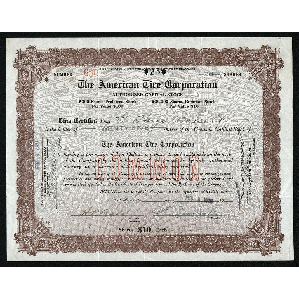 The American Tire Corporation Stock Certificate