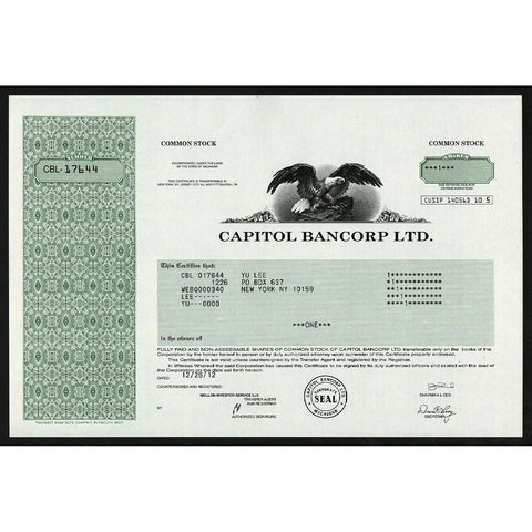 Capitol Bancorp Ltd. Michigan Stock Certificate