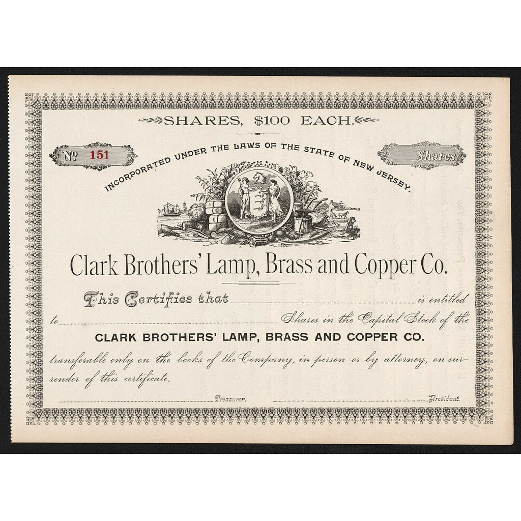 Clark Brothers' Lamp, Brass and Copper Co. New Jersey Stock Certificate