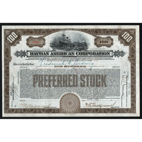 Haytian American Corporation (Haiti) 1921 New York Stock Certificate