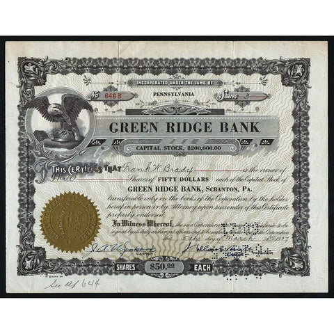 Green Ridge Bank Pennsylvania Stock Certificate
