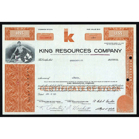 King Resources Company Maine Mining Stock Certificate