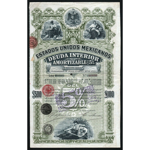 Estados Unidos Mexicanos $500 or £100 Mexico 1898 Bond Certificate