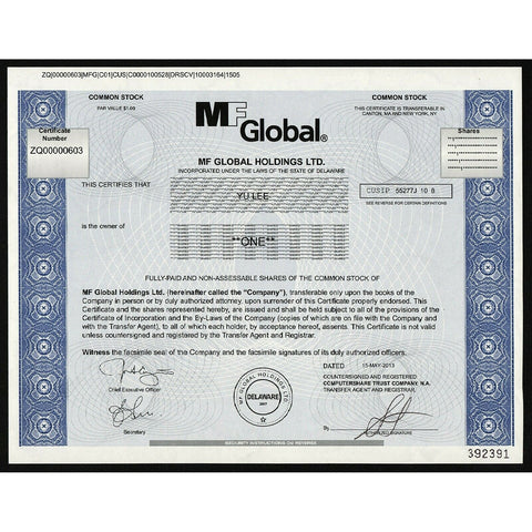 MF Global Holdings Ltd. (Jon Corzine) Stock Certificate