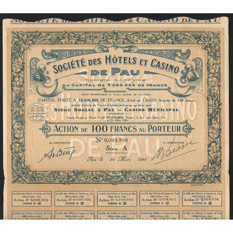 Societe des Hotels et Casino de Pau S.A. 1928 France Stock Certificate