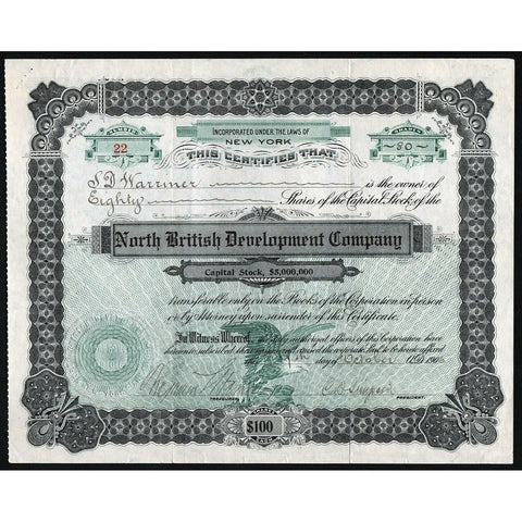 North British Development Company 1906 New York Stock Certificate