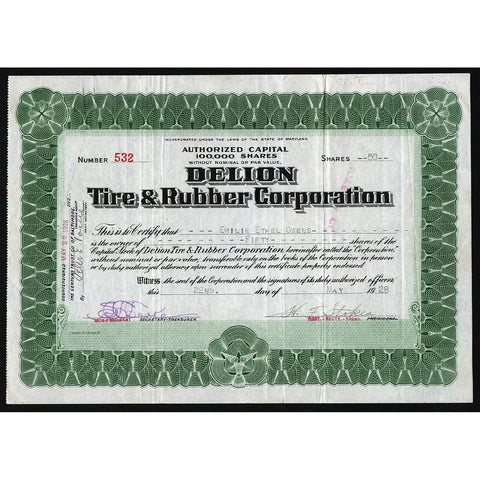 Delion Tire & Rubber Company Maryland Stock Certificate