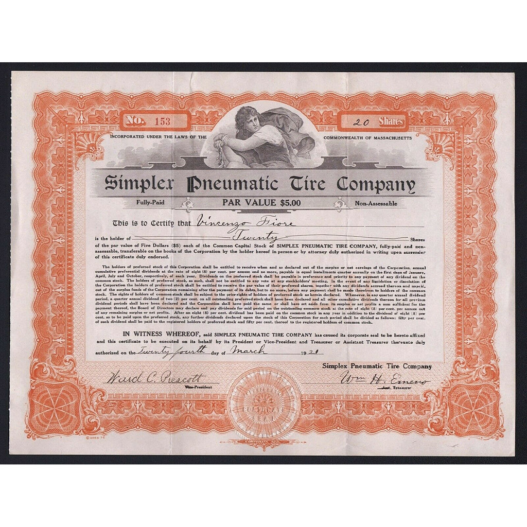 Simpler Pneumatic Tire Company Massachusetts Stock Certificate