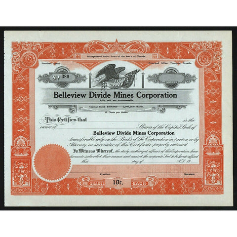 Belleview Divide Mines Corporation Tonopah Nevada Stock Certificate