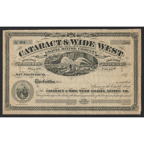 Cataract & Wide West Gravel Mining Company California Stock Certificate