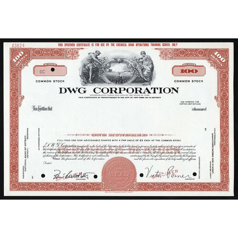 DWG (Deisel-Wemmer-Gilbert) Corporation (Specimen) Ohio Stock Certificate