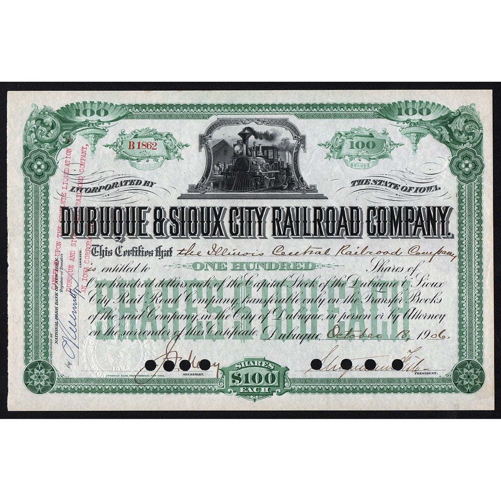 Dubuque & Sioux City Railroad Company Iowa 1906 Stock Certificate