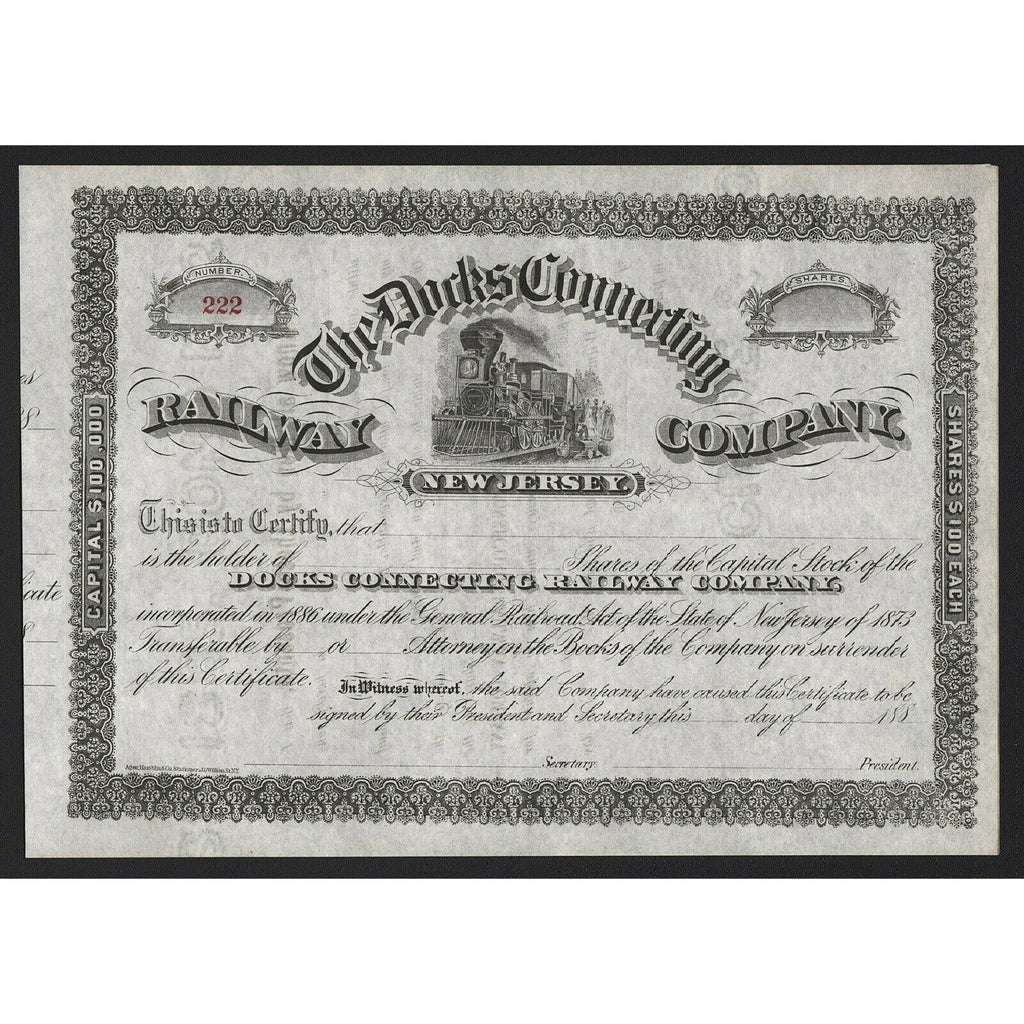 The Docks Connecting Railway Company (New Jersey) Stock Certificate