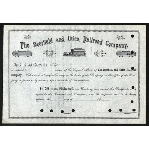 The Deerfield and Utica Railroad Company Stock Certificate