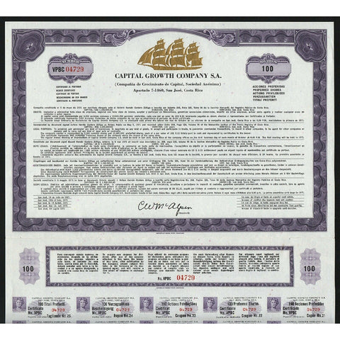 Capital Growth Company S.A. San Jose, Costa Rica Stock Certificate