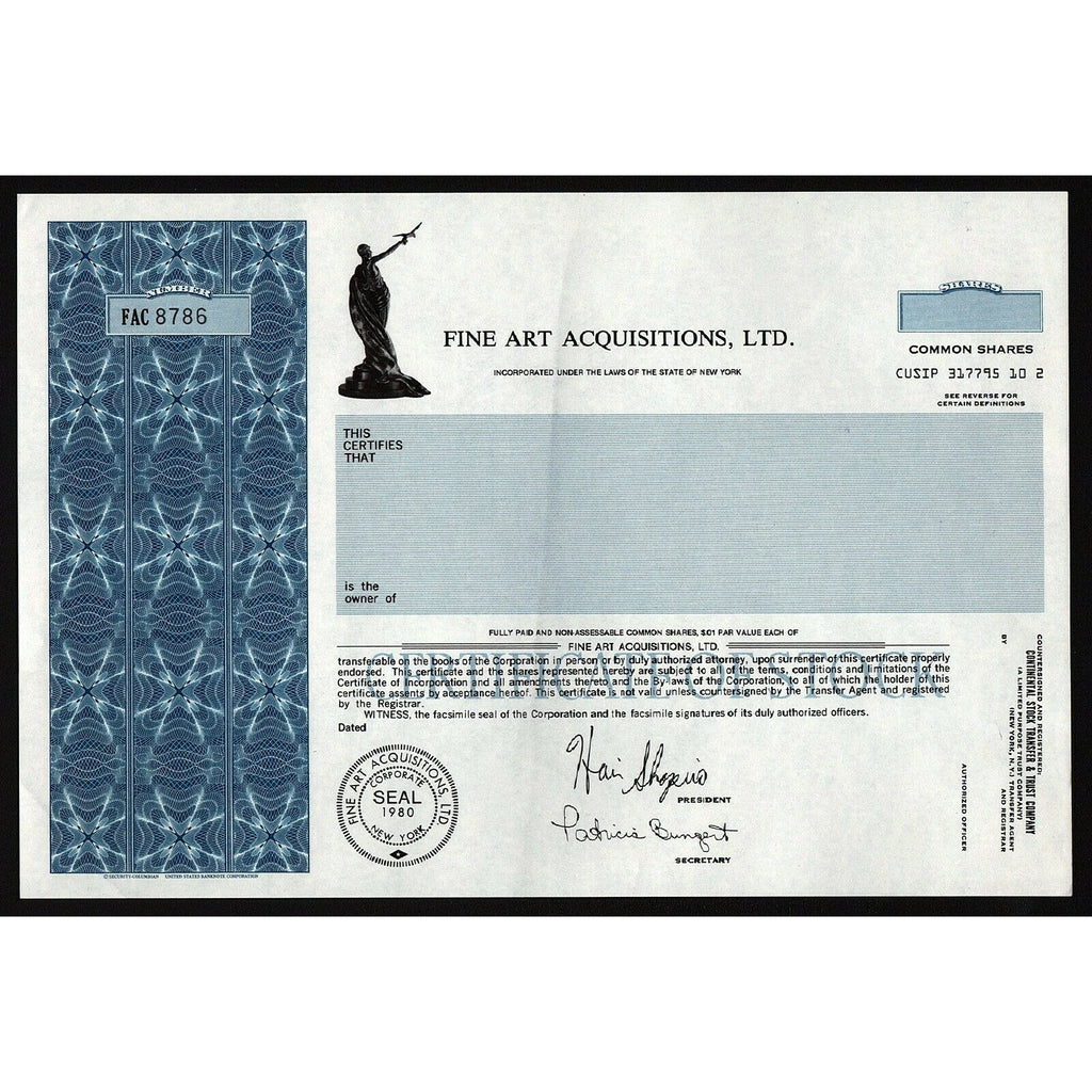 Fine Art Acquisitions, Ltd. New York Stock Certificate