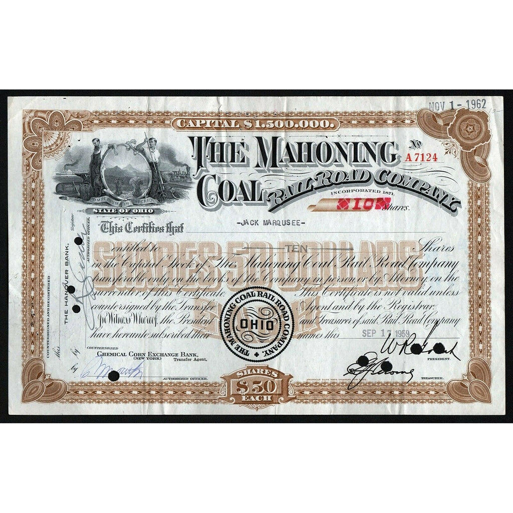 The Mahoning Coal Rail Road Company Ohio Stock Certificate