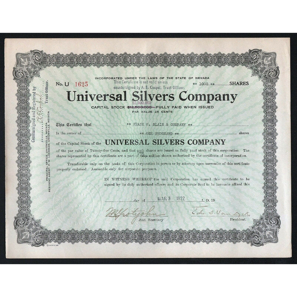 Universal Silvers Company 1929 Nevada Stock Certificate Mining