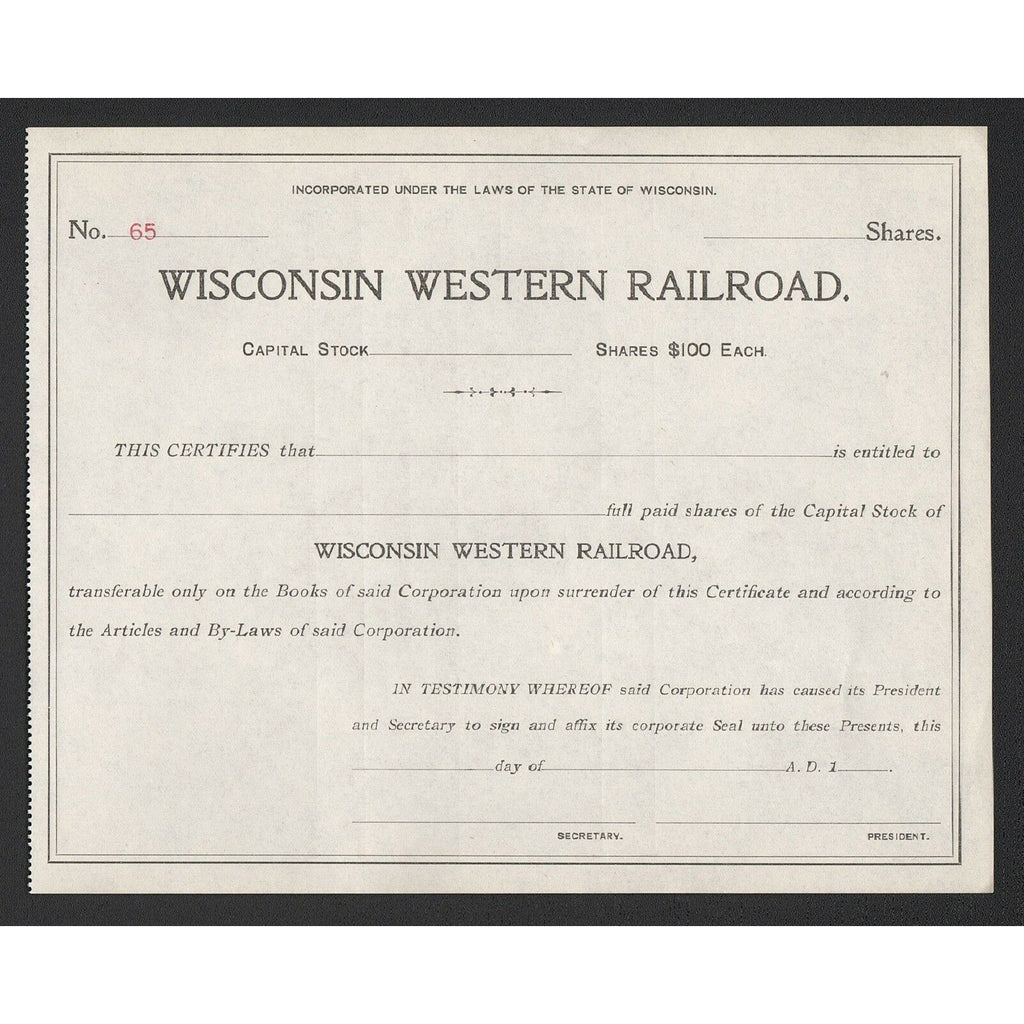 Wisconsin Western Railroad Stock Certificate