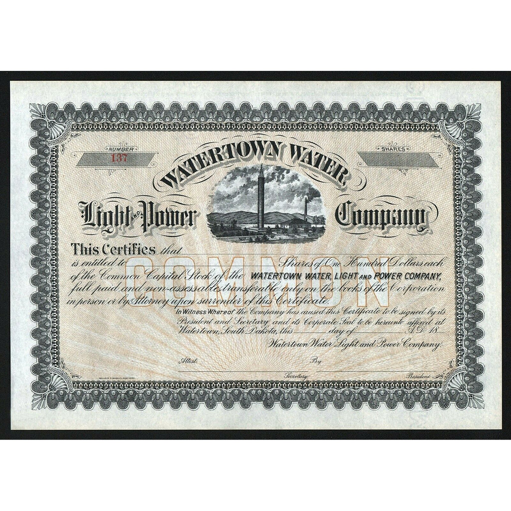 Watertown Water, Light and Power Company South Dakota Stock Certificate