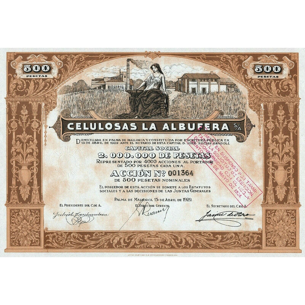 Celulosas La Albufera 1929 Palma de Mallorca Spain Stock Certificate